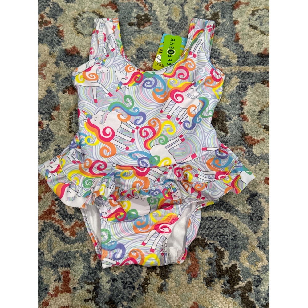 Flap Happy One Piece Swimsuit Girls 3M Multicolor Unicorn Rainbow Ruffle NWT‎